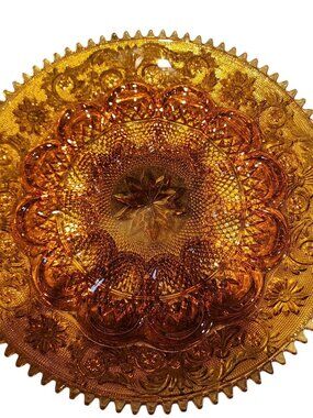 Vintage Indiana Tiara amber glass deviled egg platter "Sandwich" pattern sawtoot